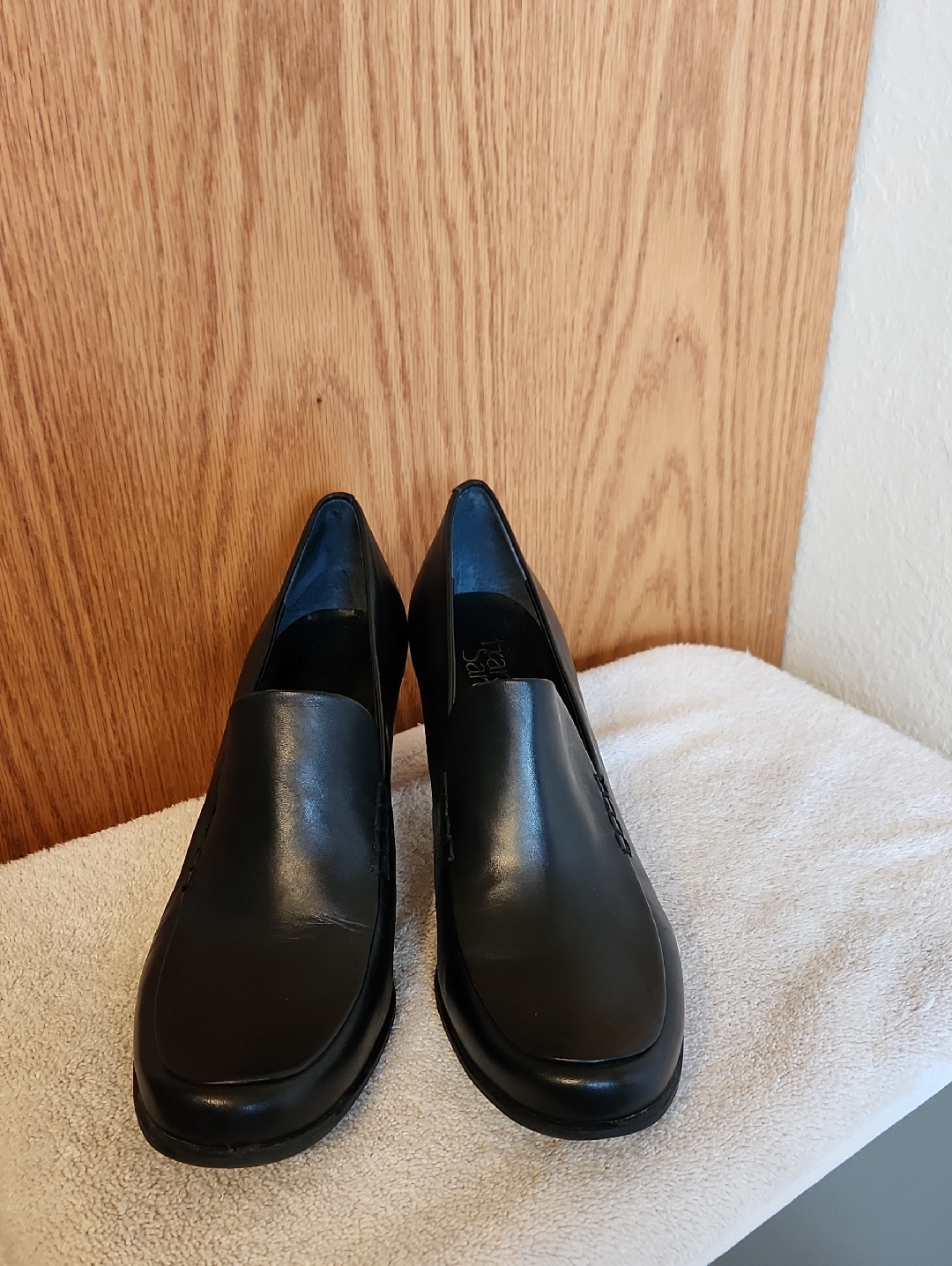 Franco Sarto Black Leather Slip-On-Style Stacked Block Heel Shoes